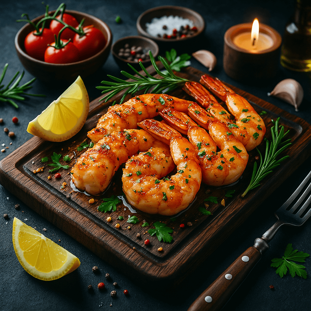 Garlic prawns on a wooden plank